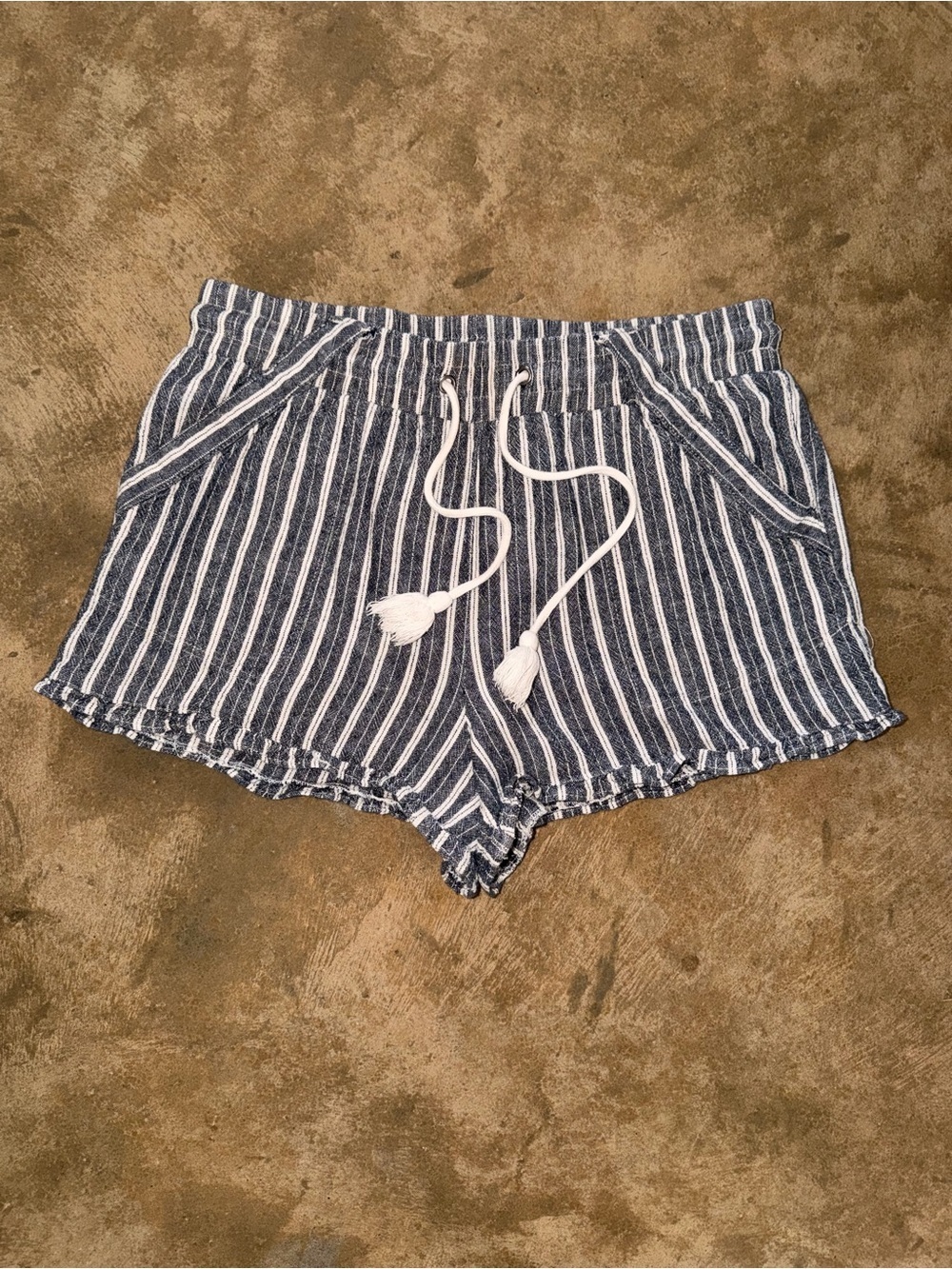 Rewind Navy White Striped Linen Blend Drawstring Shorts M Coastal